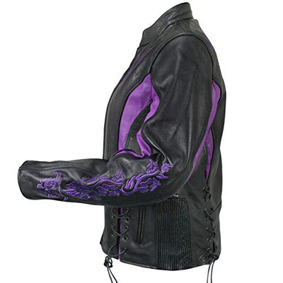 Xelement XS2027 Women's 'Gemma' Black and Purple Leather Embroidered Jacket with X-Armor Protection - Large