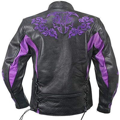 Xelement XS2027 Women's 'Gemma' Black and Purple Leather Embroidered Jacket with X-Armor Protection - Large