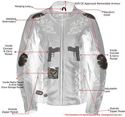 Xelement XS2027 Women's 'Gemma' Black and Purple Leather Embroidered Jacket with X-Armor Protection - Large