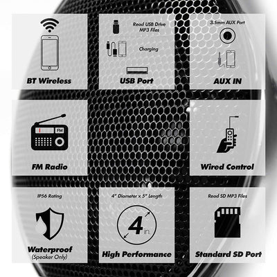 Aileap 1000W Motorcycle Audio 4 Channel Amplifier Speakers System, Support Bluetooth, AUX, FM Radio, SD Card, USB Stick (Chrome)