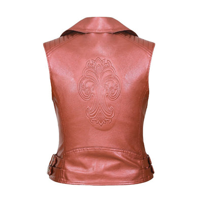 Women Motorcycle PU Faux Leather Sleeveless Jackets Ladies Turn-down Collar Belt Zipper Vest Pockets Waistcoat Streetwear