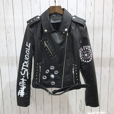 Autumn Women Winter Faux Soft Leather Jackets Coats Lady Black PU Rivet Zipper Epaulet 3D print Motorcycle Streetwear