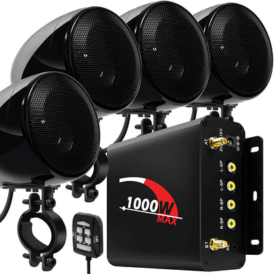 Aileap 1000W Motorcycle Audio 4 Channel Amplifier Speakers System, Support Bluetooth, AUX, FM Radio, SD Card, USB Stick (Chrome)