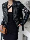 Autumn Women Winter Faux Soft Leather Jackets Coats Lady Black PU Rivet Zipper Epaulet 3D print Motorcycle Streetwear